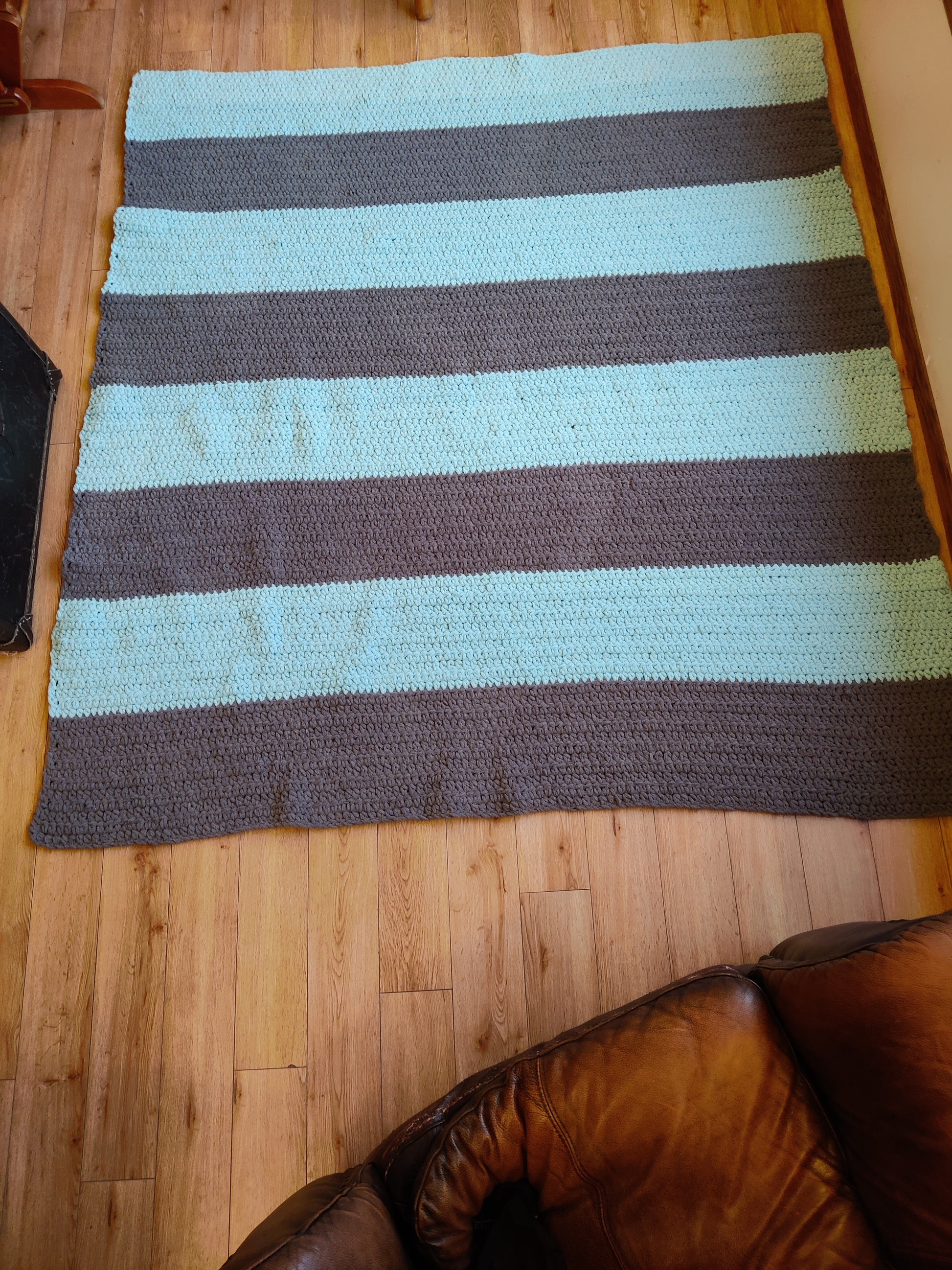 Aqua and gray striped crochet blanket 