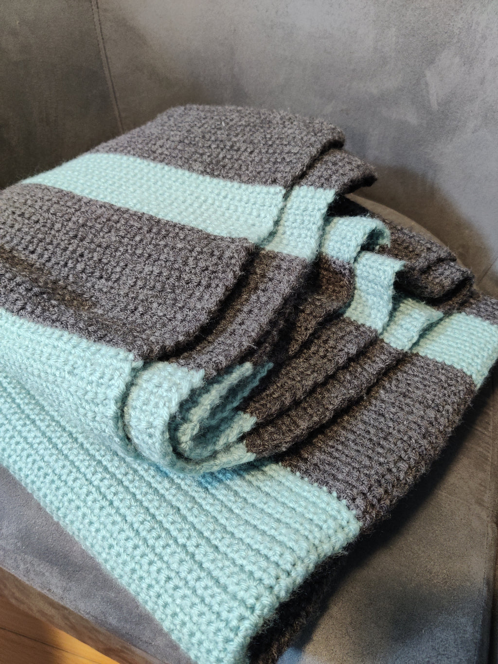 Aqua and gray striped crochet blanket 