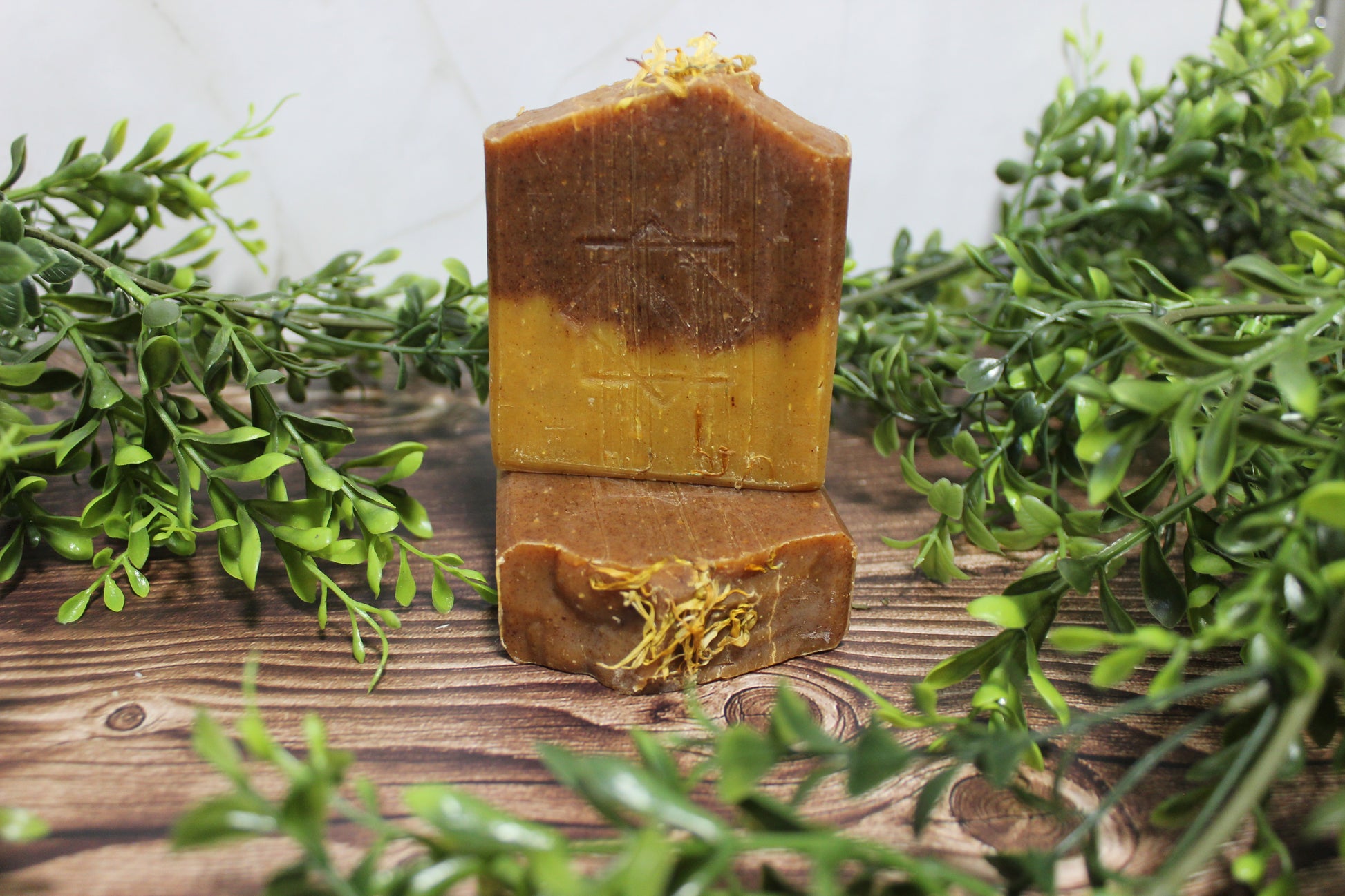 Bar of soap with a brand logo on a wooden surface surrounded by greenery