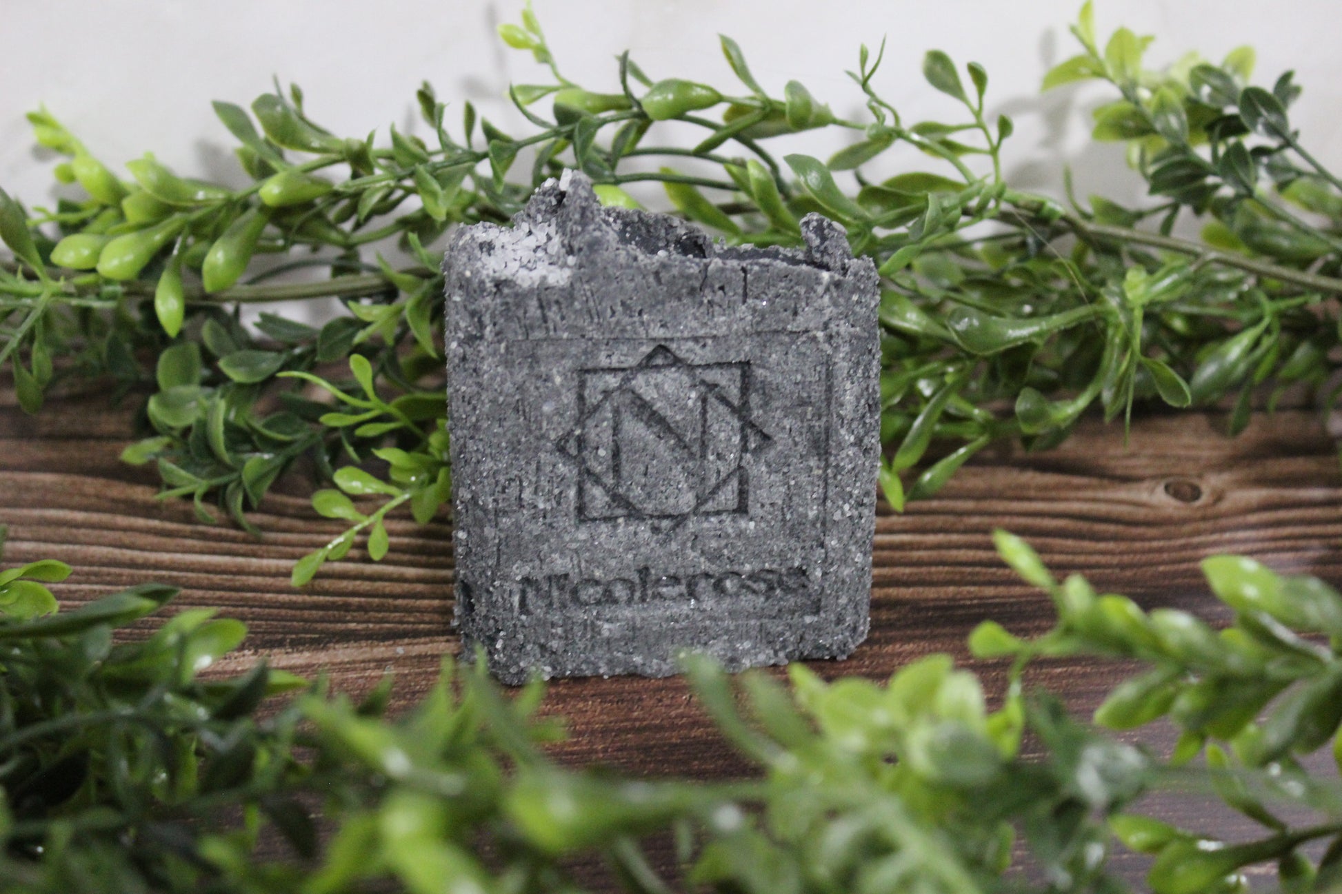 Salt Soap bar with a logo on a wooden surface surrounded by greenery