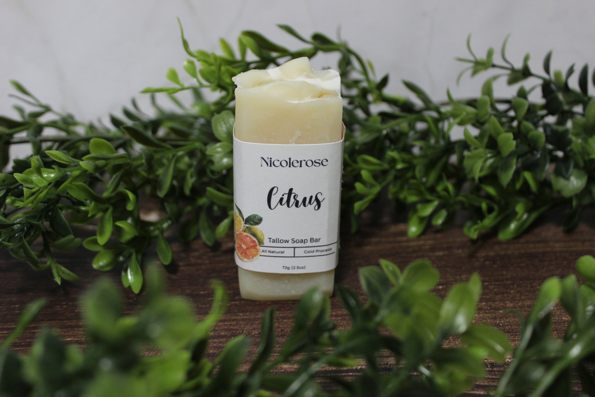 Nicolerose Citrus tallow soap bar with greenery in the background