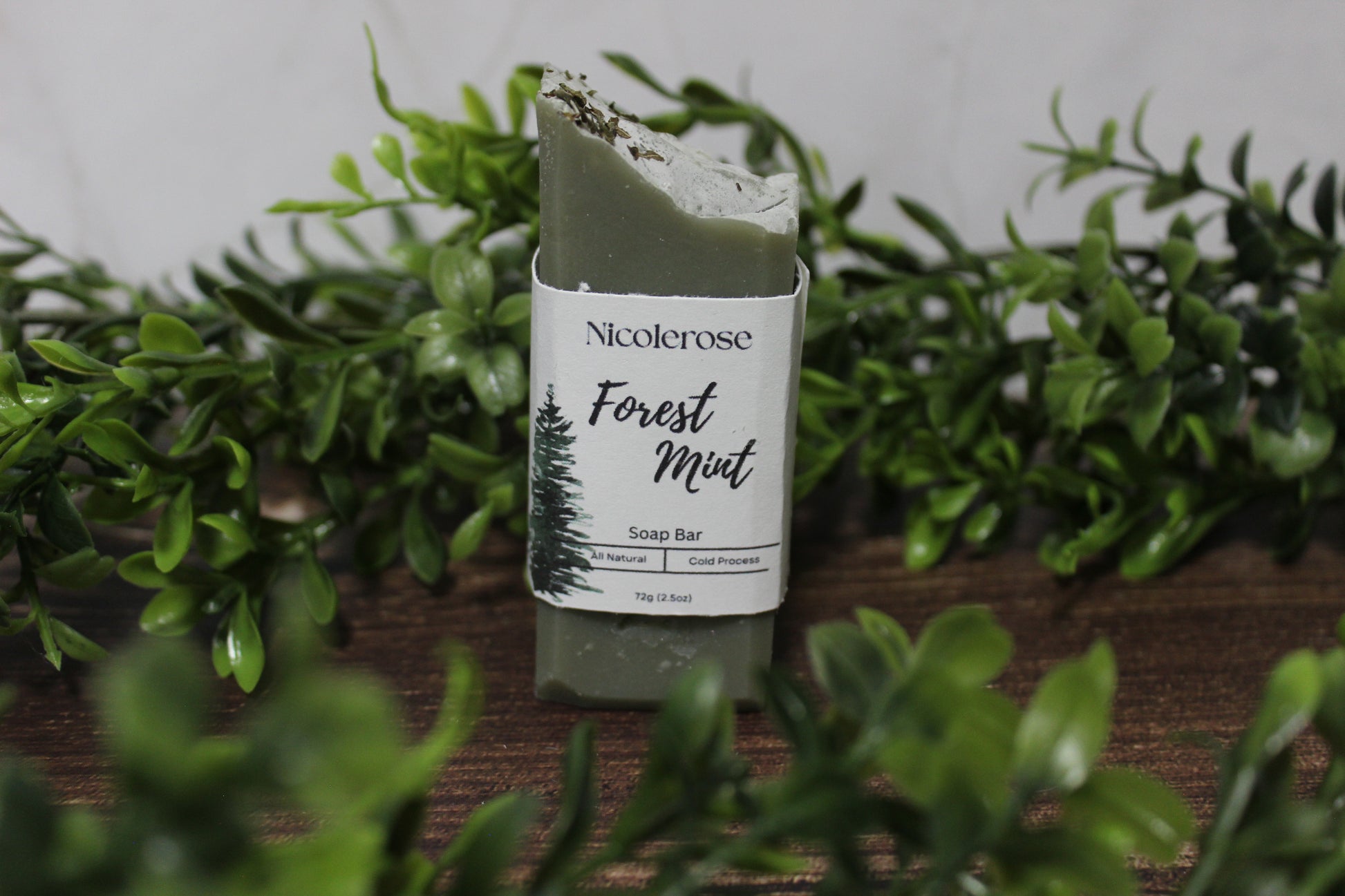 Soap bar with 'Nicolerose' branding and 'Forest Mint' description, surrounded by greenery on a wooden surface.