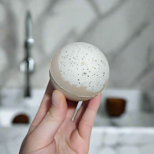 Mocha scented bathbomb, brown and white. coffee grinds and cocoa infused 