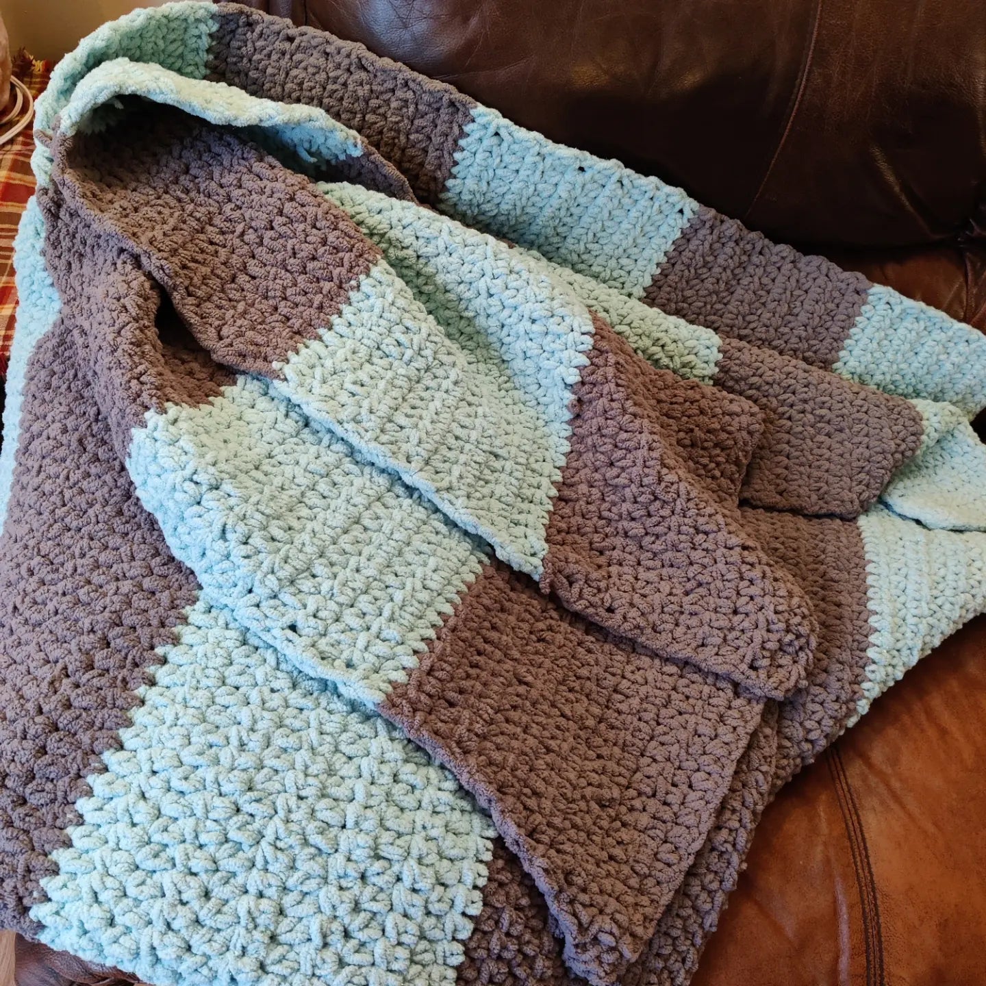 Aqua and gray twin size crochet blanket 